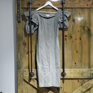 80s 90s VTG VINTAGE LONG DRESS W PUFF RUFFLE SLEEVES BUTTON DOWN STATEMENT RETRO